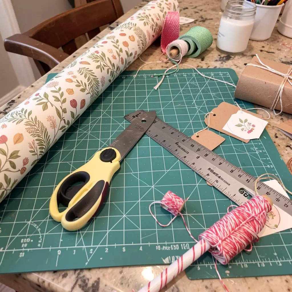 Gift wrapping workshop with materials and tools