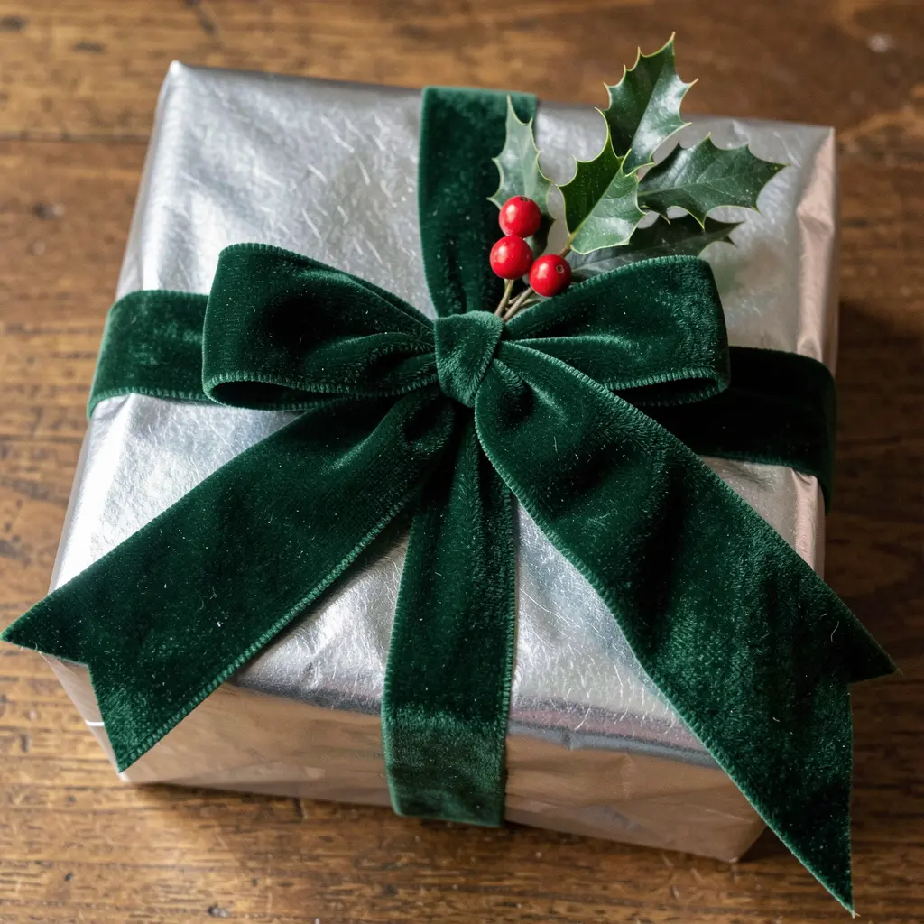 Festive holiday gift wrapping with seasonal decorations